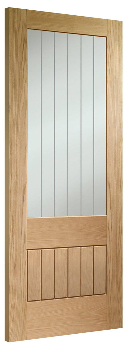Wooden door with glass panel and horizontal slats on a white background