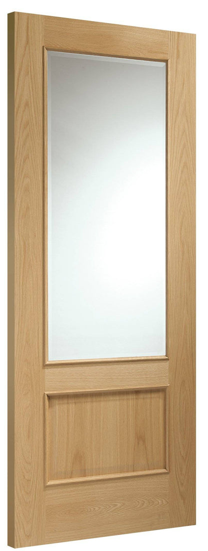 Wooden door with glass panel on a white background