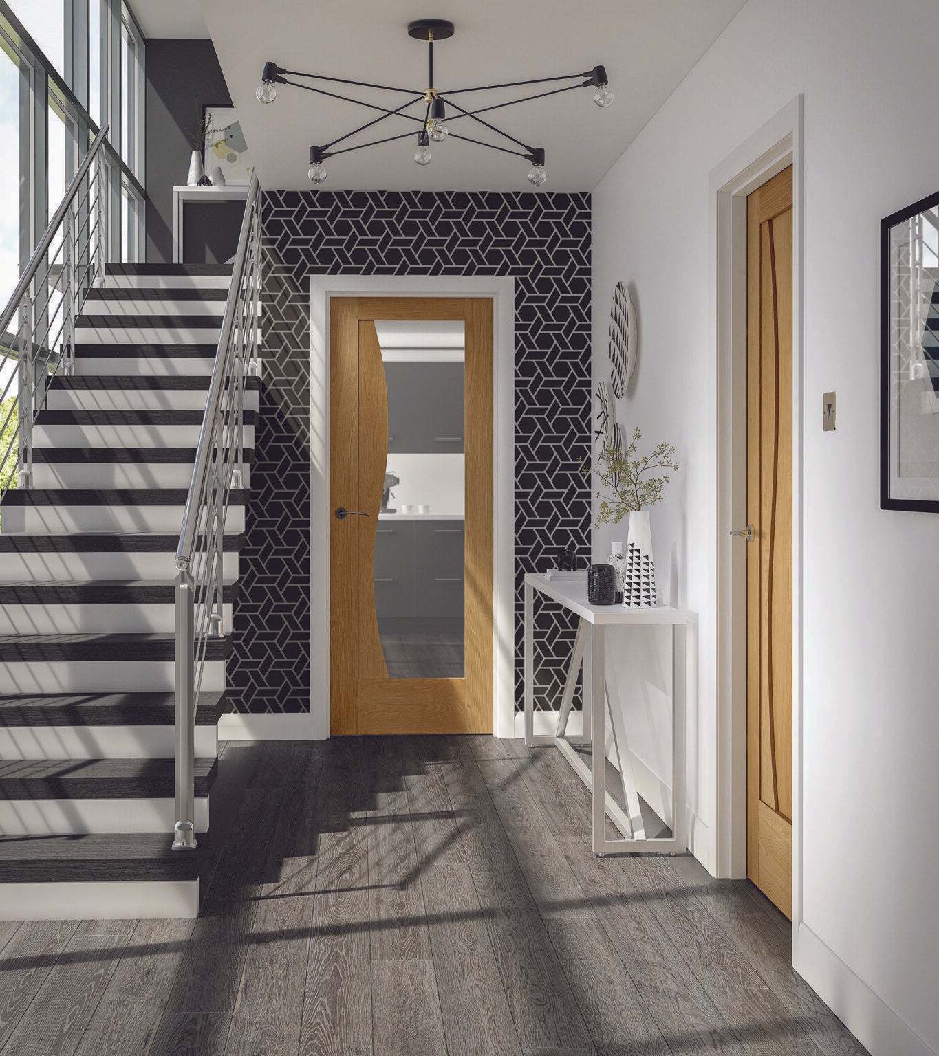 Modern interior with a staircase, yellow door, and geometric wall pattern.