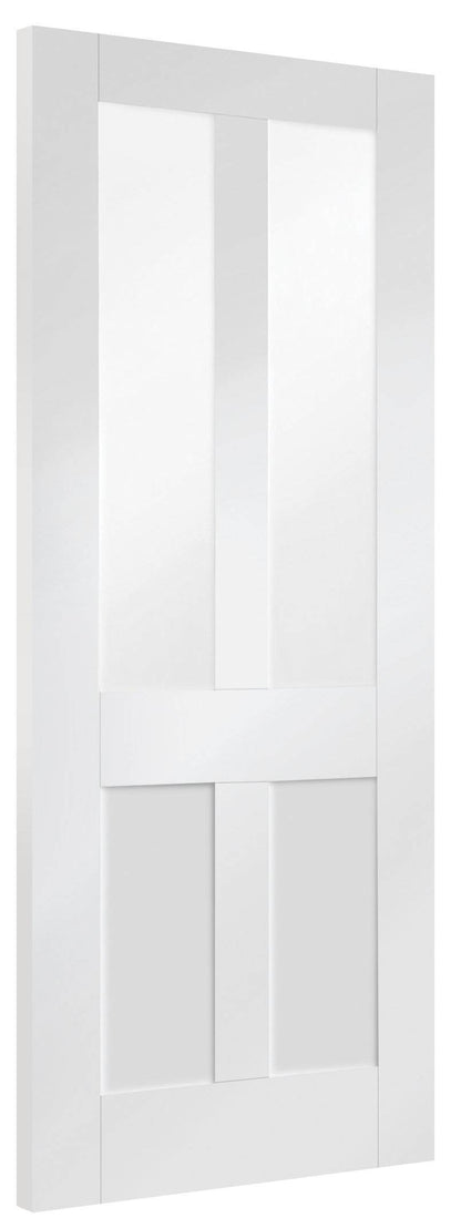 White interior door with glass panels on a white background