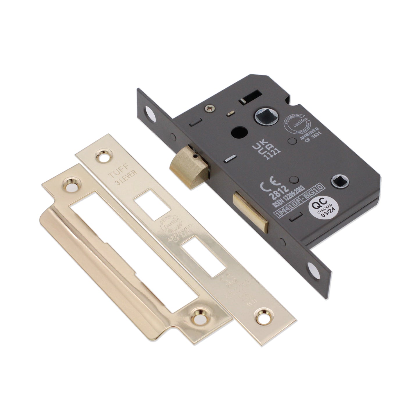 3" CE 3 Lever Bathroom Lock FD60 - Electro Brass