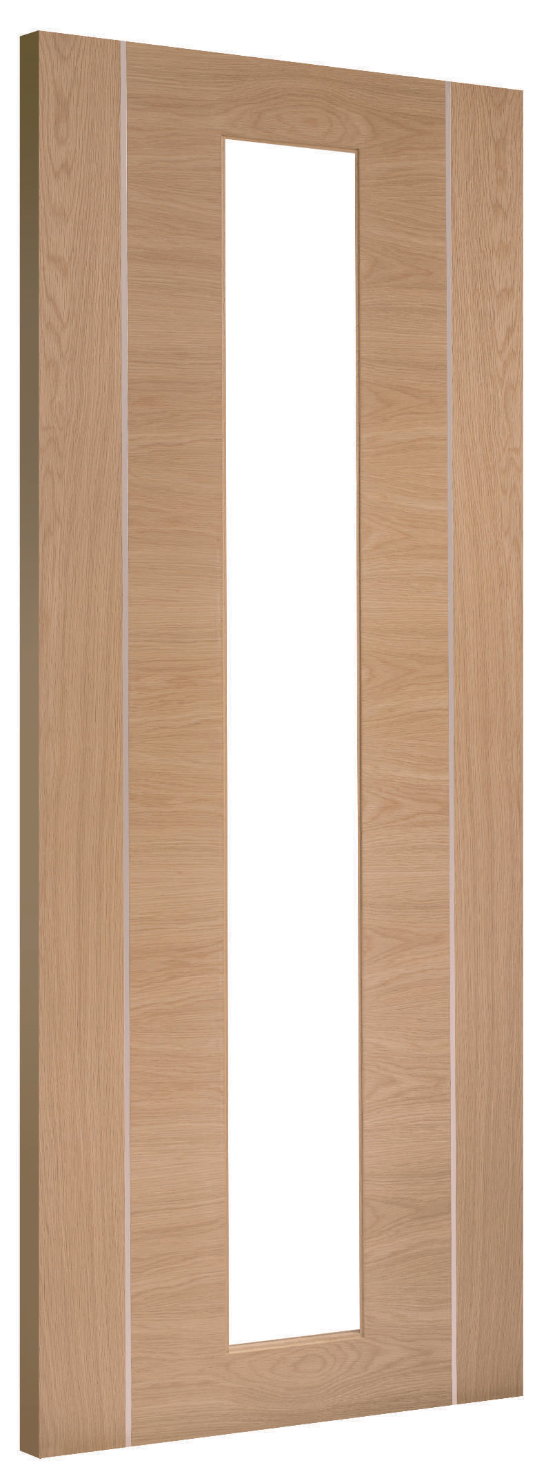 Wooden door with a clear glass panel on a white background