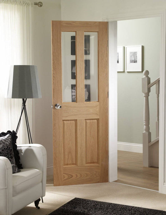 Wooden door with glass panels in a home interior setting