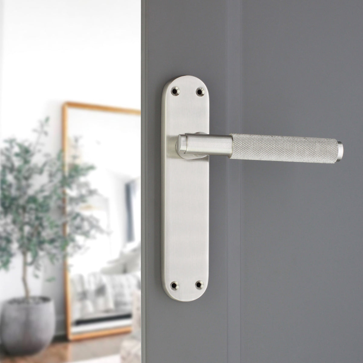 Connaught Knurled Lever on Backplate Latch Satin Nickel