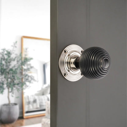 Ebony Beehive Rim/Mortice Door Knob Polished Nickel