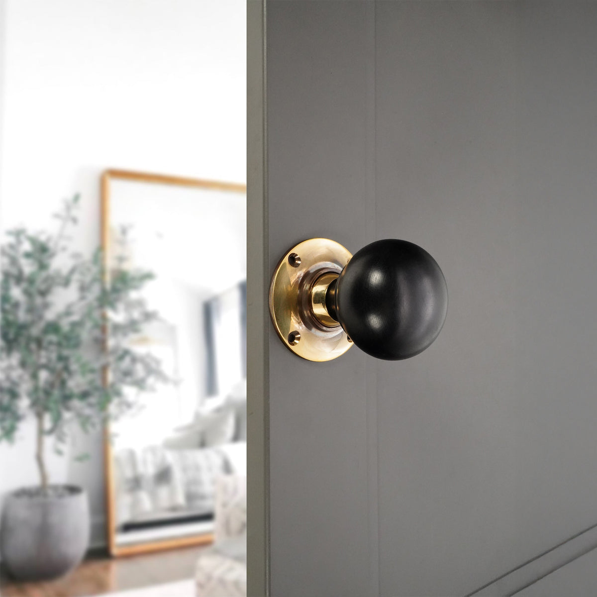 Ebony Bun Rim/Mortice Door Knob Aged Brass