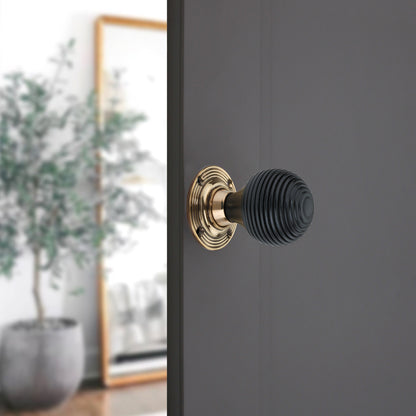 Ebonised Beehive Rim/Mortice Door Knob Aged Brass
